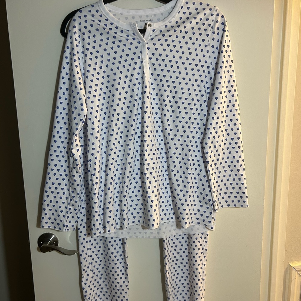 Authentic Roller Rabbit Blue Heart Pajama Set Size M Pima Cotton Henley Lounge